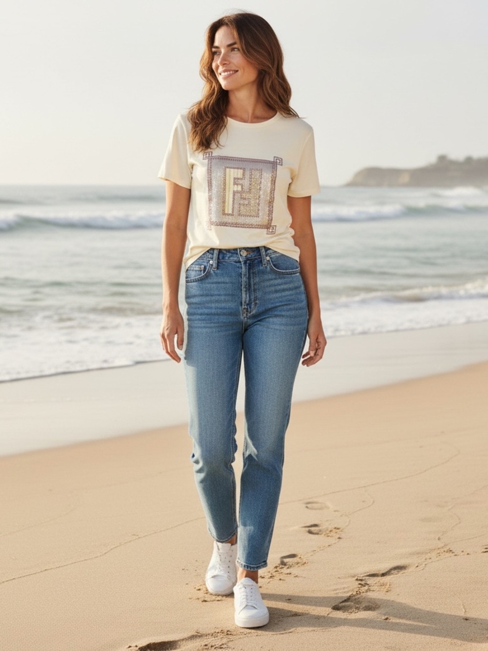 Fendi Jeans FF Logo T Shirt 42 IT 8 US Butter Cream Made In Italy Top